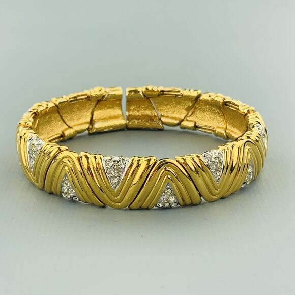 Vintage Gold Tone Metal Rhinestones Textured Open Cuff Bracelet - Picture 1 of 1